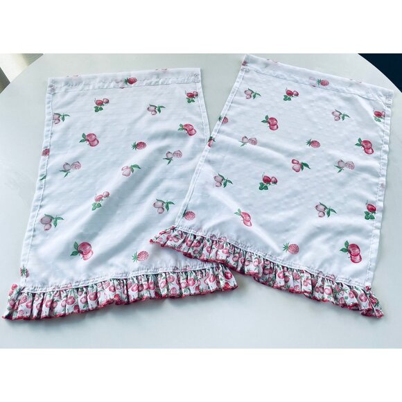 Vintage 80s curtains, red apples, ruffled bottom, kitchen window pair of panels - Picture 7 of 10